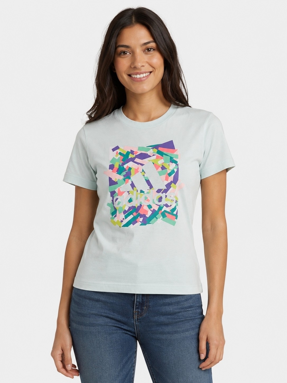 adidas Pastel Light Blue Tee with Multicolor Confetti Logo